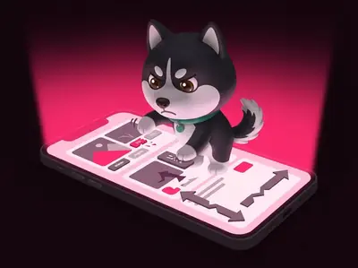 Husky 在巨型手機畫面上一邊生氣一邊點擊錯位按鈕，象徵流動體驗差勁