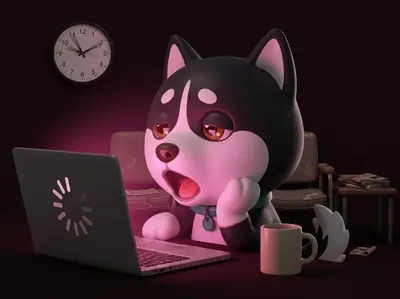 Husky 對著載入中的手提電腦打呵欠，象徵網站過慢令人等候疲累